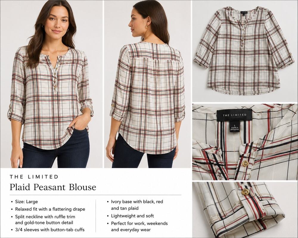 The Limited Women's Plaid Peasant Blouse Large Boho Cottagecore Preppy